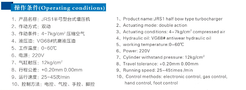 JRSB半弓型氣液增壓機操作條件